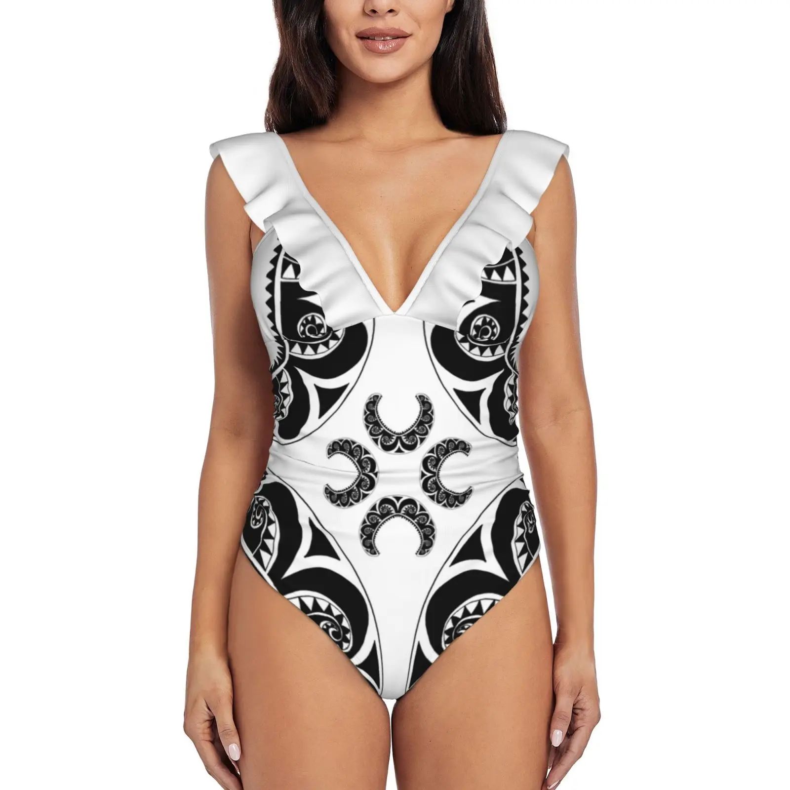 

Монокини с перекрестными оборками Maori, новый цельный купальник, Женский сексуальный купальник, женский купальный костюм с принтом, черные и ...