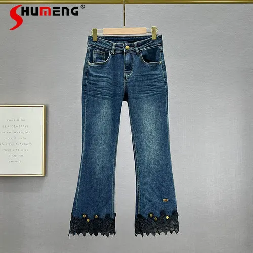 

2023 Fashion Denim Flare Trousers Women's New Autumn Elastic High Waist Skinny Jeans Woman Embroidery Stitching Cropped Pants