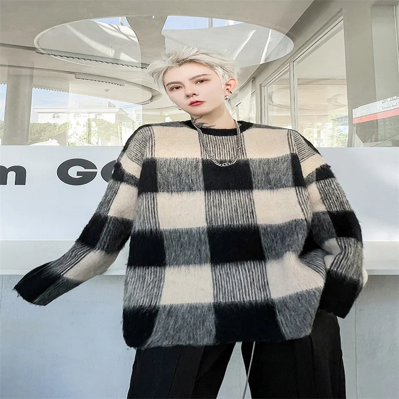 Slouchy Pullover Loose Men'S Sweater Contrast Plaid Jacquard Trend Korean Autumn And Winter Mesh Knit Top Warm And Fashion