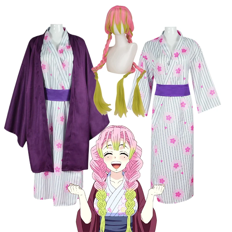 

Kanroji Mitsuri Cosplay Costume Wig Demon Slayer Mitsuri Cosplay Bathrobe Kimono Kimetsu No Yaiba Halloween Costume for Women