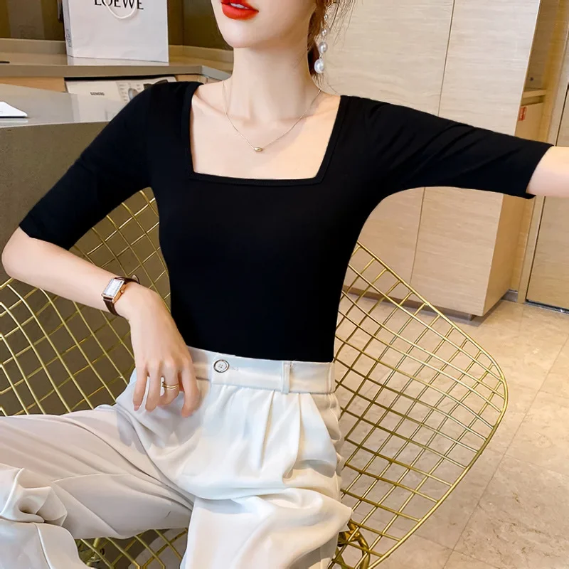 Женская футболка приталенного кроя из чистого хлопка с квадратным воротником и