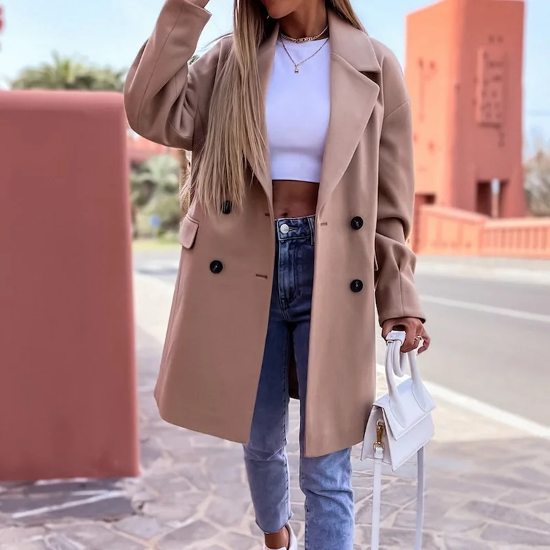 

Casual Long Sleeve Midi Blazer 2022 Fall Elegant Lapel Double-breasted Woolen Jackets Winter Women Fashion Loose Solid Outerwear