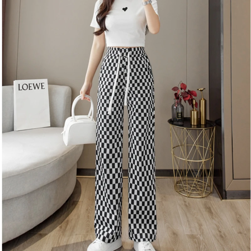 

Checked wide leg pants women's new straight loose black and white plaid casual mopping pants 345e,324-11
