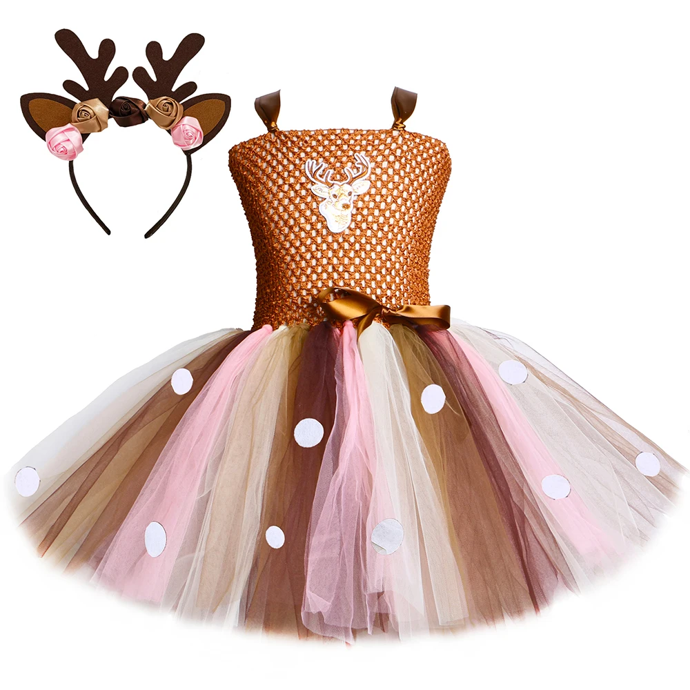 

Girls Deer Tutu Dress Christmas Halloween Elk Reindeer Cosplay Costume for Kids Fancy Purim Holiday Birthday Party Clothes Gifts