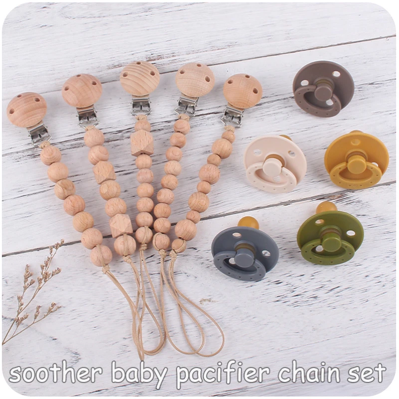 

2Pcs Pacifiers Set Newborn Products Beech Wooden Beads Baby Chewing Pacifier Chain Nursing Soother Dummy Clips Nipple Holder