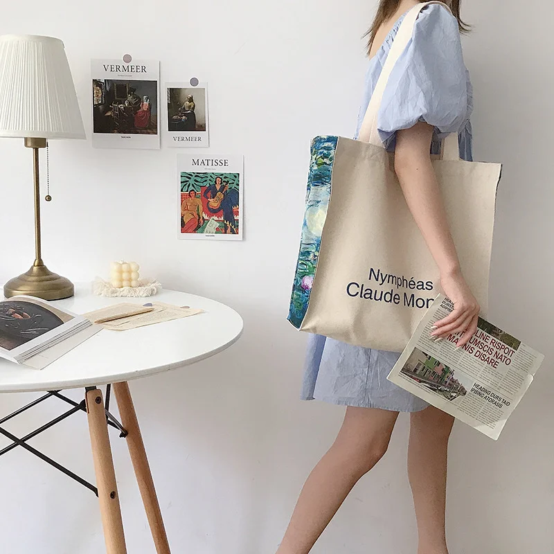 

New Canvas Shoulder Bag Love Philosophy Daily Shopping Bags Oil Painting Books Bag Thick Cotton Cloth Handbags Tote For Ladies