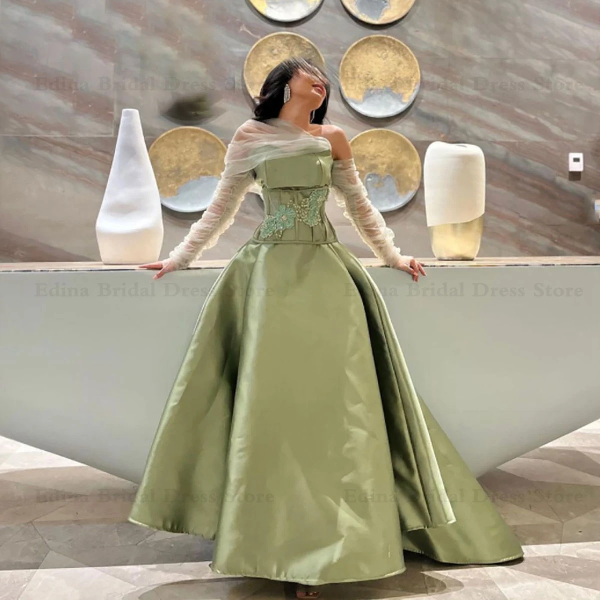 

Vinatge Illusion Full Sleeves Evening Dress for Musilm Long Boat Neck A-Line Formal Dresses with Florals Lace vestido de gala