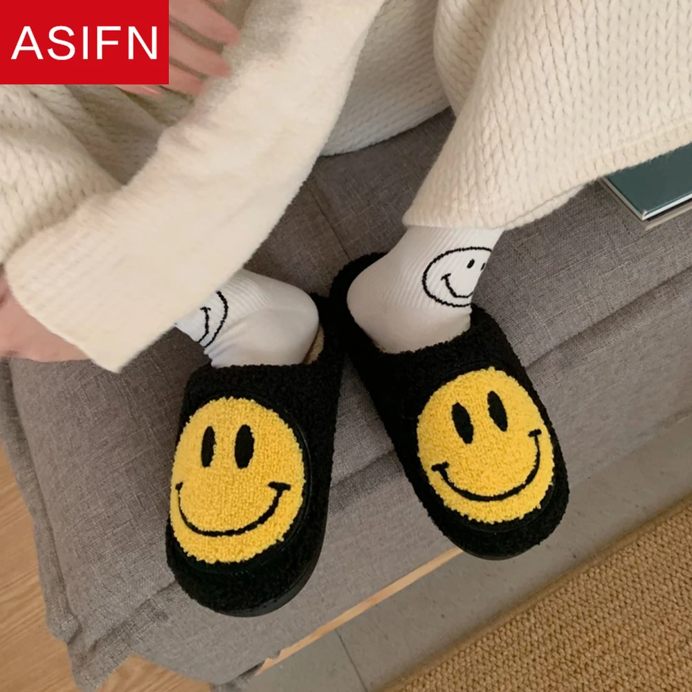 asifn winter house girls fur slippers cute smile pattern womens fluffy slippers warm bedroom ladies cotton female plush shoes free global shipping