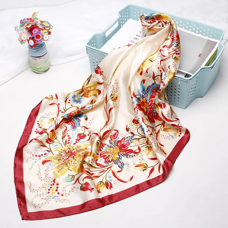 

Женский Шелковый Атласный хиджаб с цветочным принтом, 90x90 см