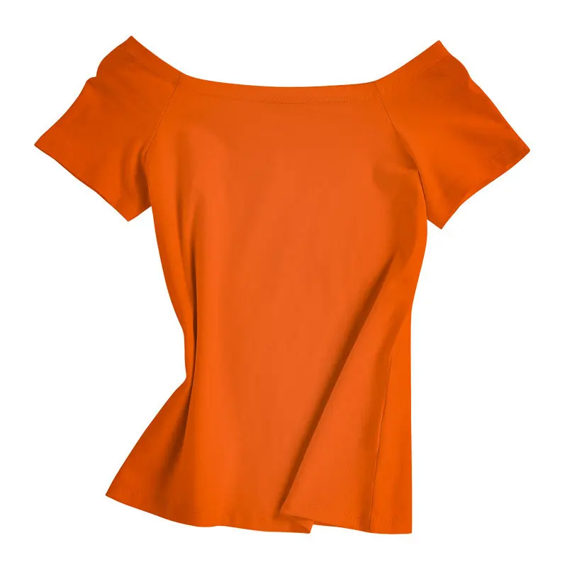 

Women Soft Cotton T-shirt Slash Collar Solid color Lady Tees Short Sleeve Summer Women's clothing All match Female T-shirts
