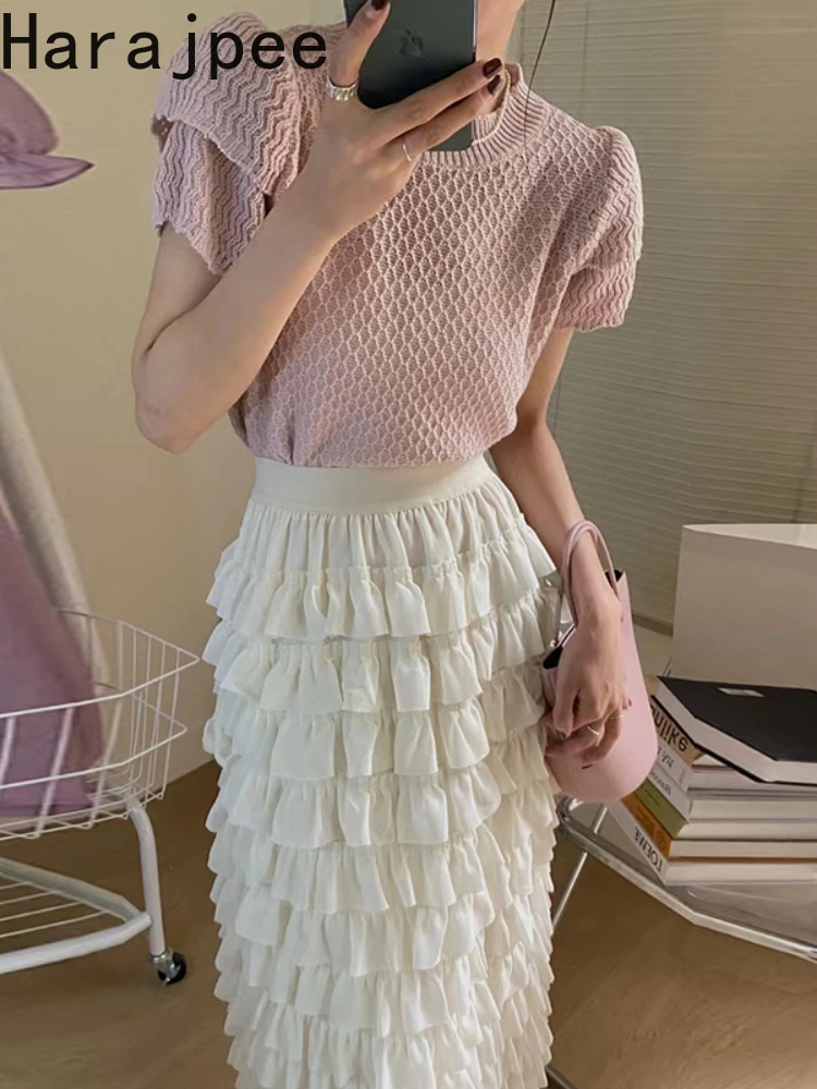 

Harajpee Korean Chic Round Neck Knitted Plaid Pullover + High Waist Cake Skirt Elegant Casual Loose Women Clothing Summer New
