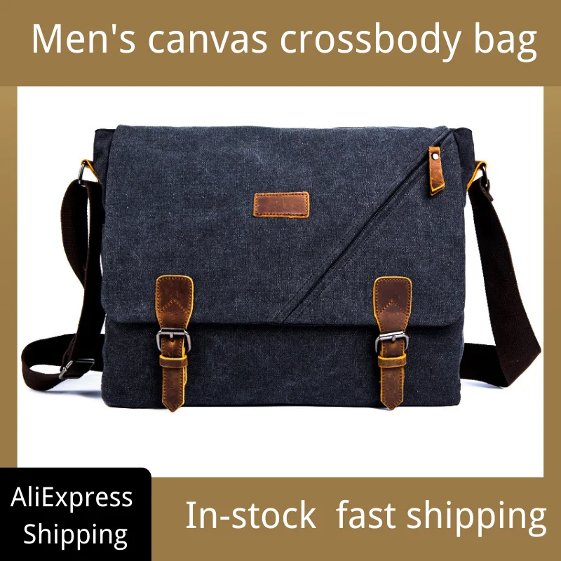 Fashionable And Versatile Men'S Canvas Handbag Shoulder Bag Solid Color Travel Portable Cross Bag Practical Capacity