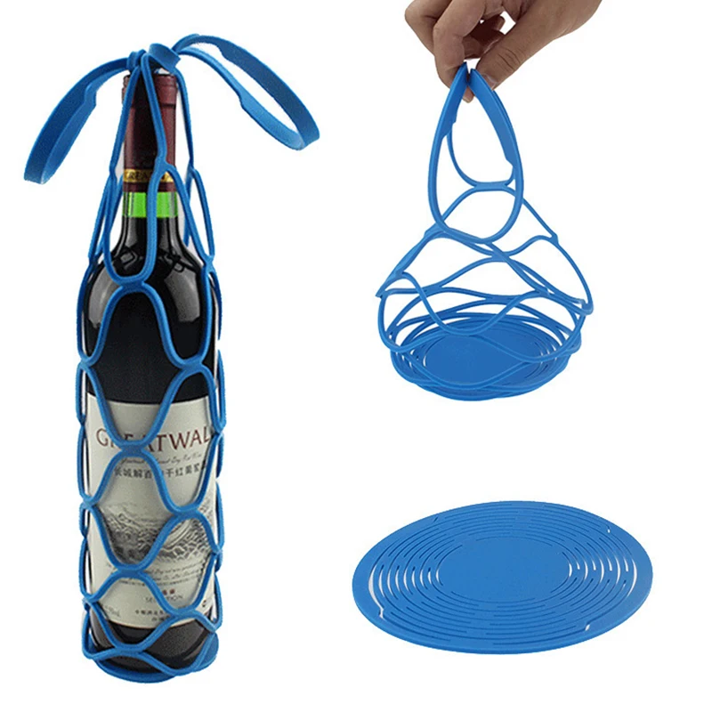 

Silicone Wine Bottle Carrier Mesh Basket Water Bottle Tote Bags Cup Coaster