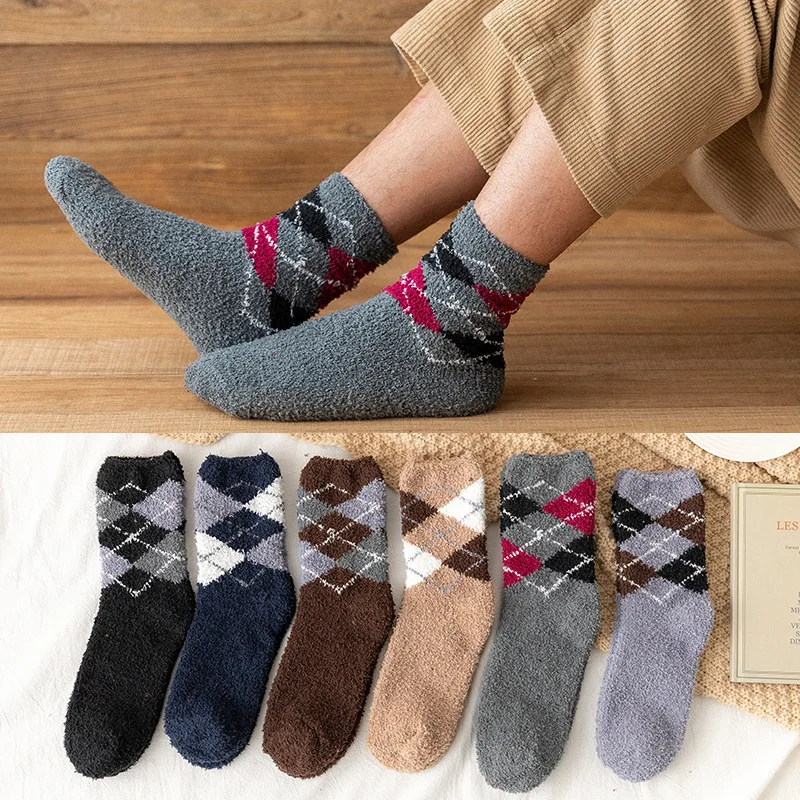 

Plush Winter Socks for Men Home Warm Socks with Rhombus Pattern Men's Casual Floor Sock
