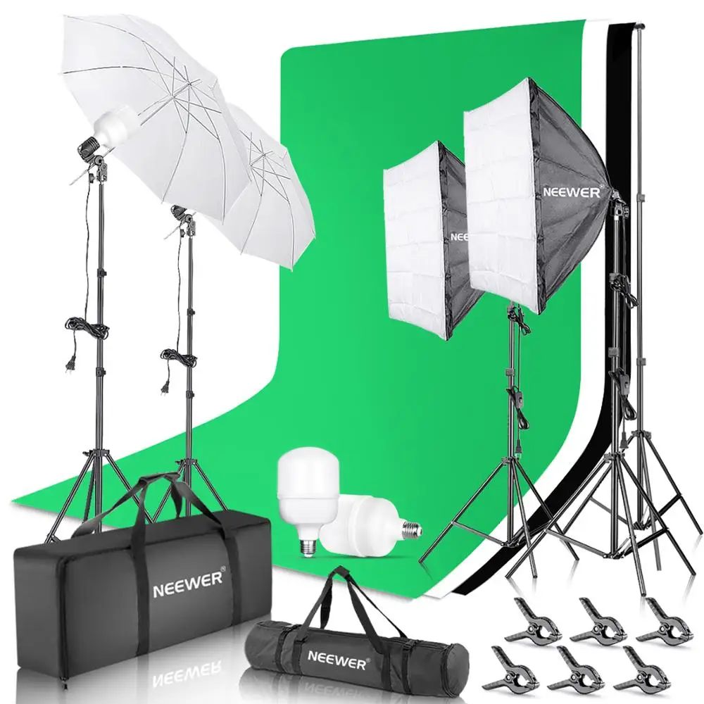 

Neewer 8.5x10ft Backdrop Stand Support Kit with 6x9ft Background, 900W 5500K 24-inch LED Softbox and Umbrellas Continuous Lighti