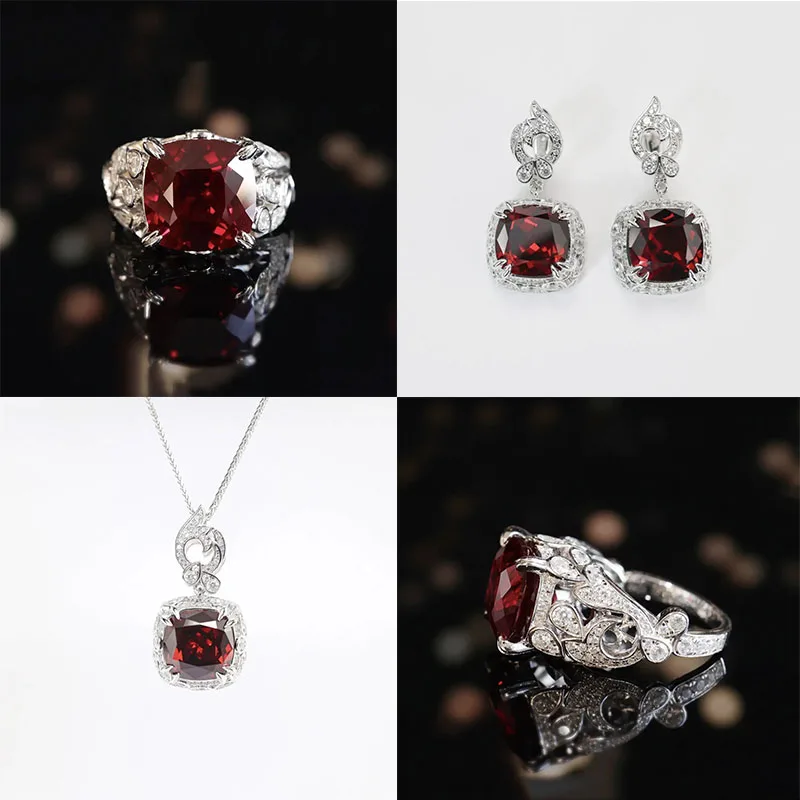 

2023 New Trend Luxury High Quality Simulation Ruby Red Wedding Jewelry Sets Pendant Necklaces Drop Earrings Rings For Women