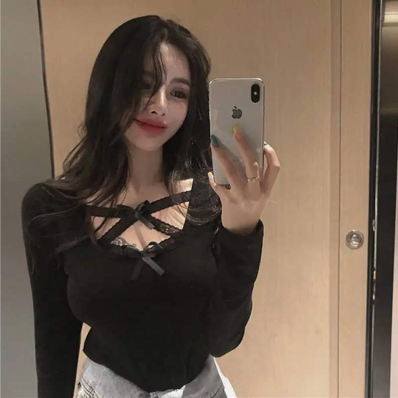 

Spring Summer Tops Sexy Bow Ribbon Long Sleeve Top Slim T Shirt Bottoming Women's O Neck Lace Cross Solid Color Retro Korea