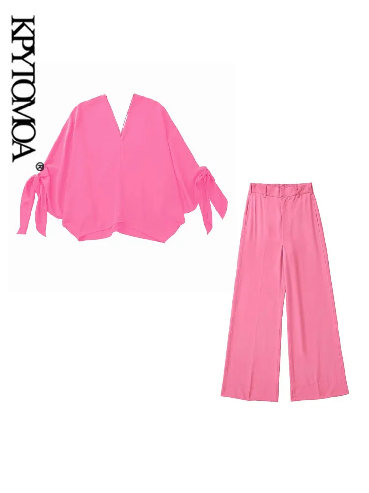 

KPYTOMOA Женская мода с галстуком, Мягкие Блузки и широкие брюки с высокой эластичной талией, женские комплекты из двух предметов для женщин