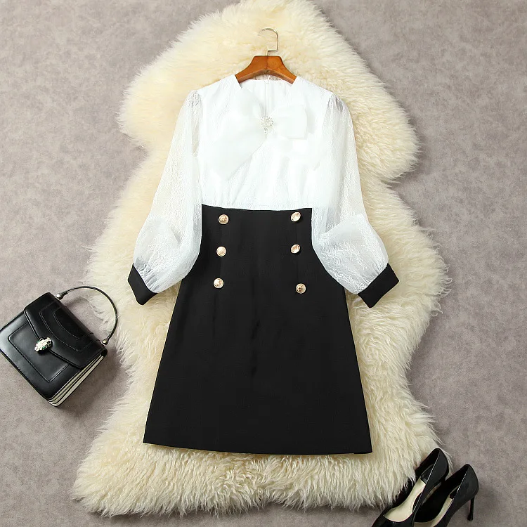 

Женская одежда на зиму 2023 модное платье с длинным рукавом и V-образным вырезом с кружевом и бантом Новинка в европейском и американском стил...