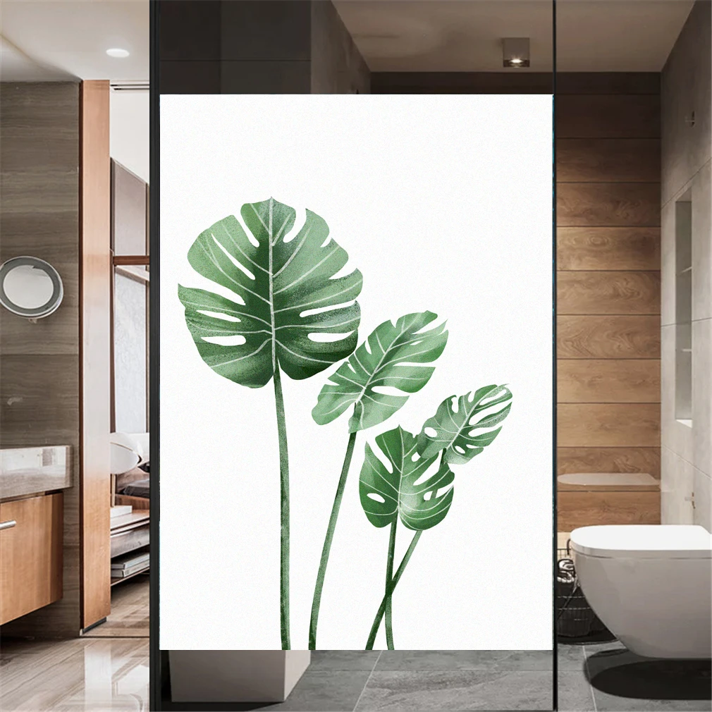 Декоративная прозрачная пленка для окон витражные наклейки с зелеными листьями