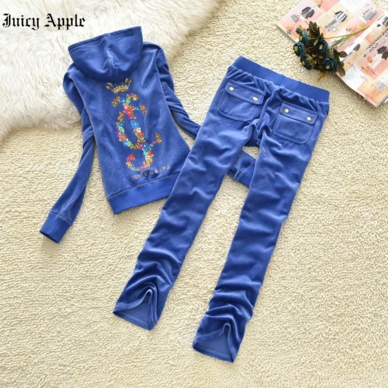 Juicy Apple Tracksuit Women spring autumn fashion Velvet Two Piece Set Woman Sexy Hooded Long Sleeve Top And Pants Suit Fashion