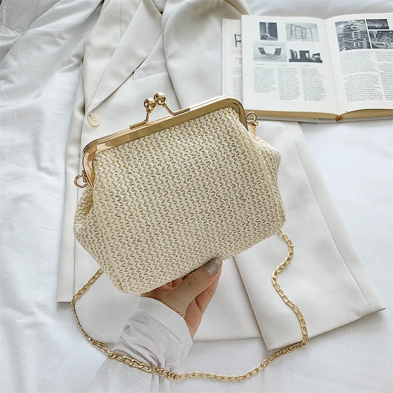 

Designer Women Bags Chain Purse Crossbody Makeup Bag Straw Rattan Woven Summer Female Handbags Luxury Phone Clutch Cosmetic Bag