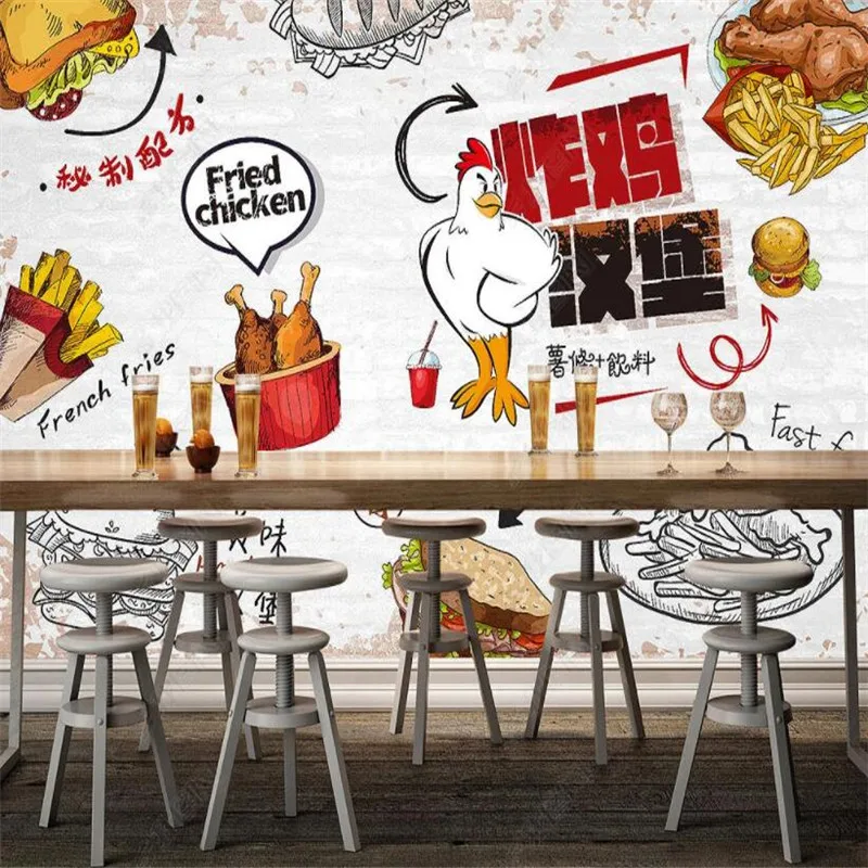 Custom retro fried chicken burger 3D wall paper fast food restaurant decor mural self-adhesive wallpaper papel de parede 3D images - 6