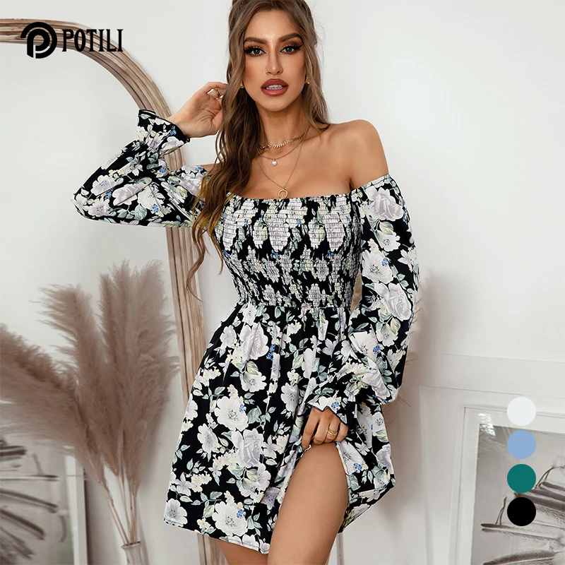 

POTILI Spring Dress 2022 Printed Sexy Square Collar Flower Midi Dress Women Vestidos Casual Autumn Dress A Line Women Clothing
