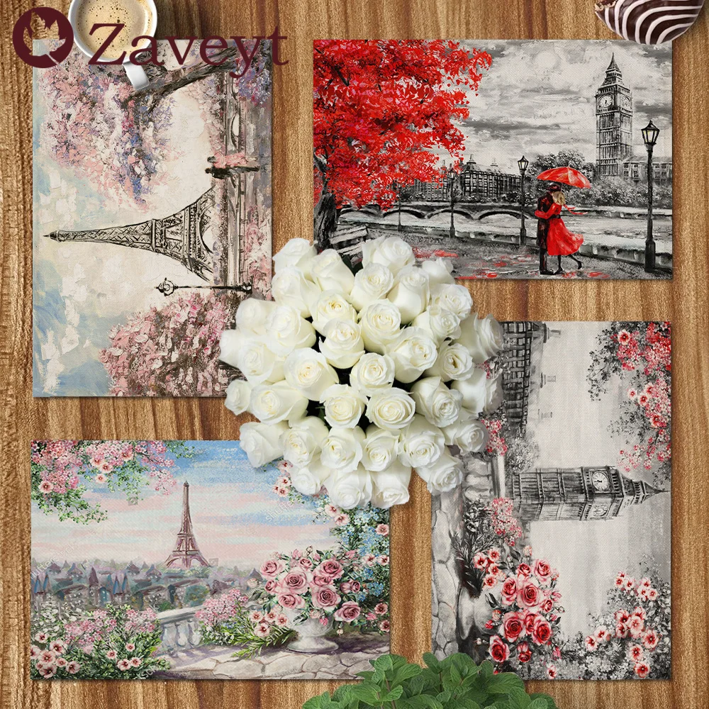 

Vintage French Flower Landscape Oil Painting Placemat Linen Dining Table Mats Coaster Pad Bowl Coffee Cup Mat Tablecloth 42x32CM