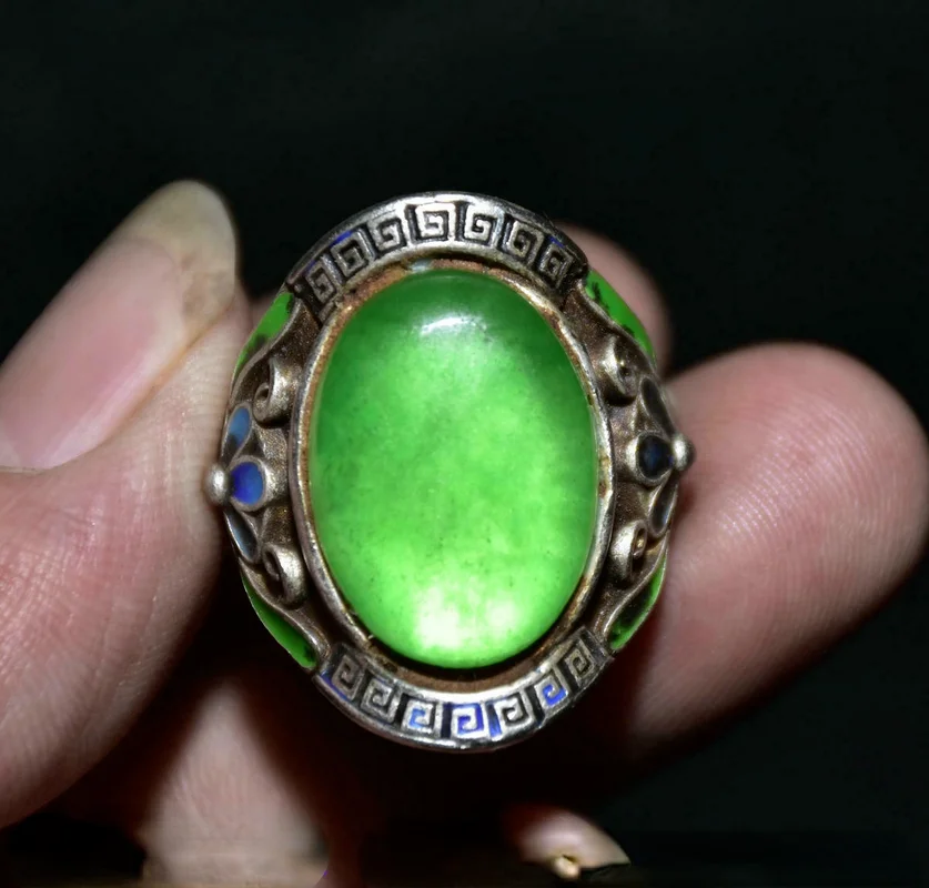 

Rare Old Chinese Cloisonne Silver inlay Green Jade Gem Flower Hand Ring for Women Men Fashion Accessories C6