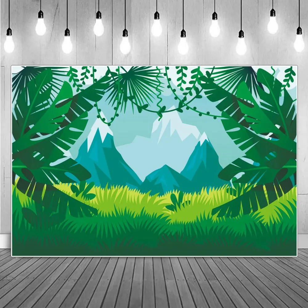 

Jungle Forest Mountain Photography Backdrop Birthday Decoration Children Spring Palm Tree Flowers Party Studio Photo Backgrounds