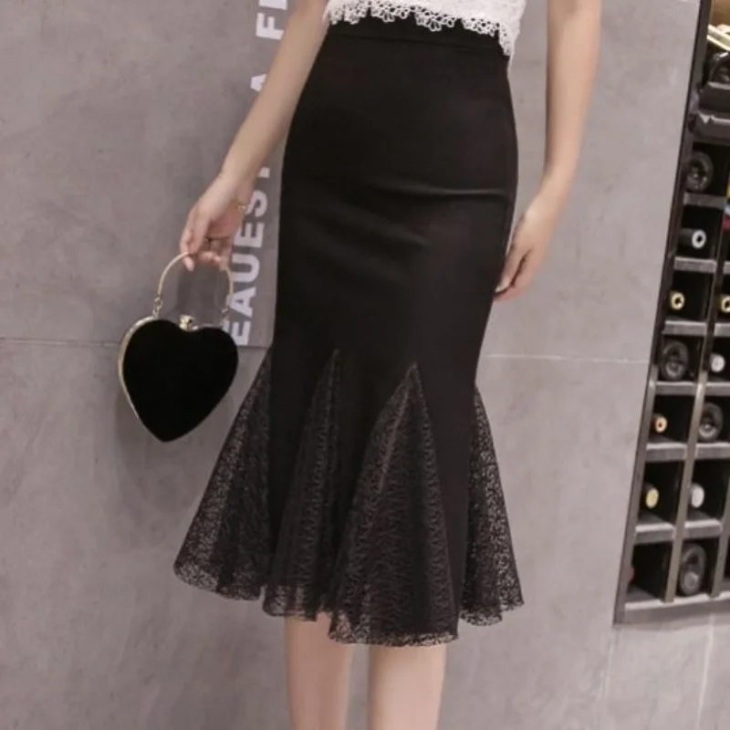 

S-5XL Spring Summer Lace Splicing Package Hip Skirt Women Autumn Winter Ruffled Flare Black Cake Fishtail Skirt Women