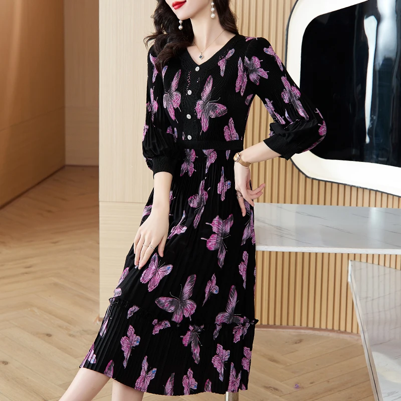 

Sanzhai Pleated Dress 2023 Autumn/Winter New Flower Print Single breasted V-neck Bubble Sleeves Slim Waist Length Knee Length