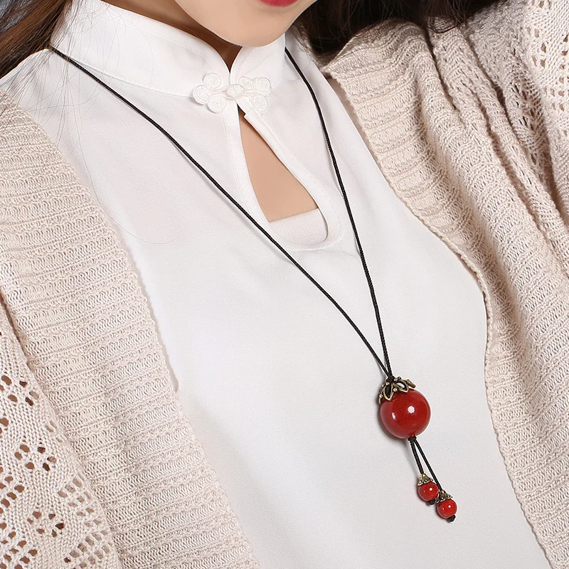 Ретро кулон женский керамический этническое ожерелье длинная цепочка для