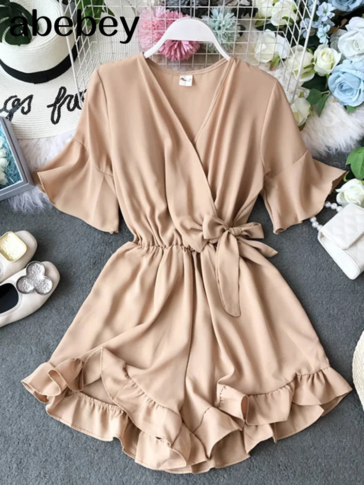 Милые гофрированные женские комбинезоны эластичные с высокой талией и бантом |