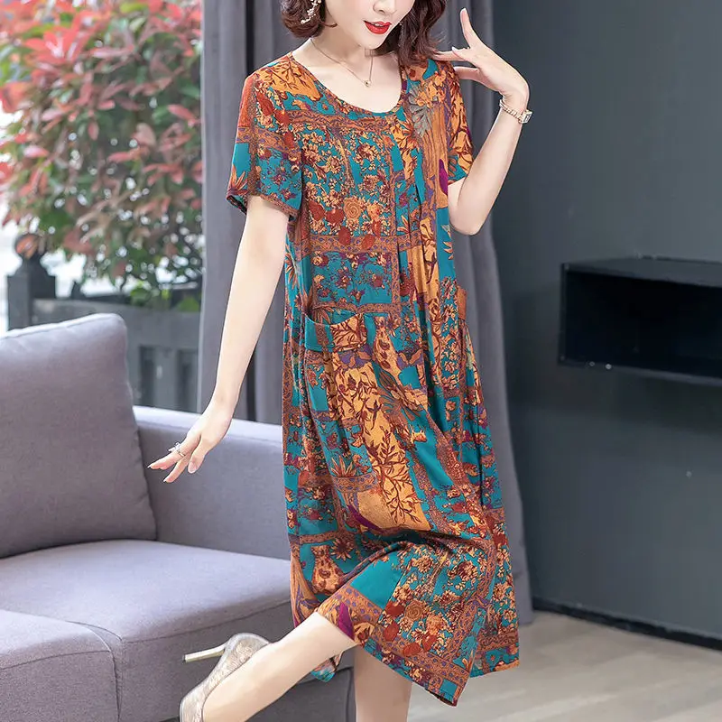 

Women Plus Size Floral Dress Mother's Long Skirt Loose Cooling Beauty for Mom