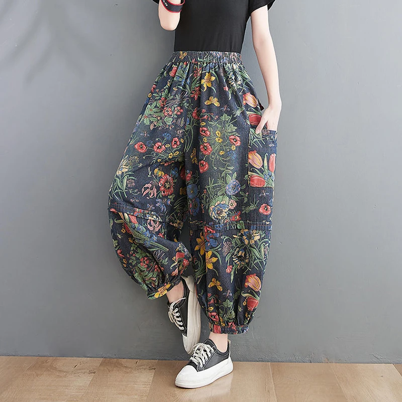 

Side Arts Spring Women Cotton Loose Elastic Ankle-length Pocket Waist 2022 Print Denim Jeans Vintage Style Pants New Harem