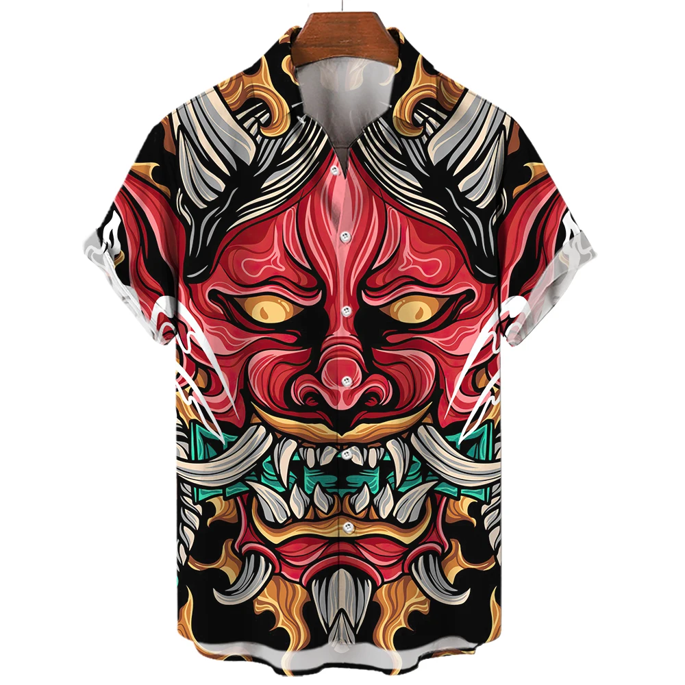 

Retro Men's Shirt Slim Fit Samurai Horror Shirts Japanese Print Camisa Masculina Oversized Casual Hawaiian Shirts And Blouses