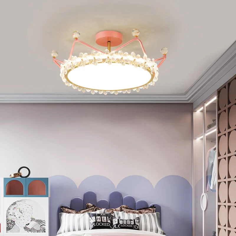 

LED pendant lamp Pink Crown Ceiling New Round Crystalp Girls Room Light Luxury Master Bedroom Romantic Wedding Room Lamp
