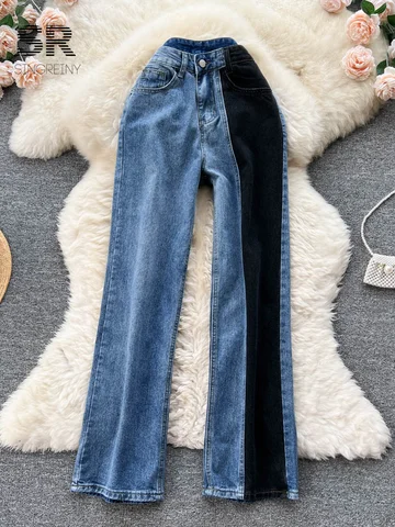 SINGREINY Pocket Splice Denim Women Jeans Retro Button Zipper Casual Straight Loose Streetwear Ladies Fashion Autumn Long Pants