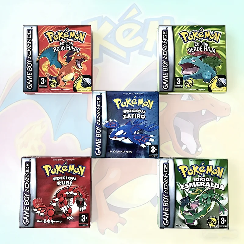 Фото Высококачественная многоязычная версия игры Pokemon GBA: Leafgreen, Sapphire, Emerald, Ruby, Fire Red в металлической голографической коробке. №1
