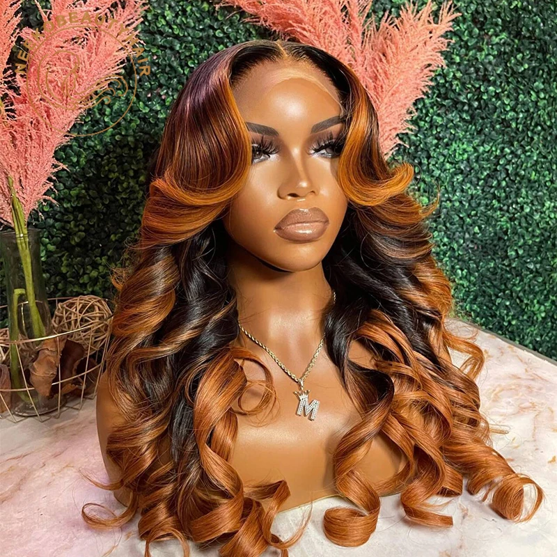 Ombre Ginger Brown Colored 13x6 Transparent Lace Frontal Wig Pre-Plucked Highlight Front Human Hair Wigs For Women