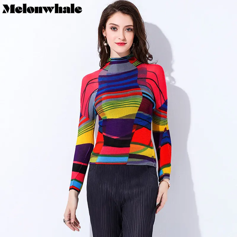 

MelonWhale Miyake Pleated Printed T-shirt Korean Fashion Casual Turtleneck Long Sleeves Tops Women 2023 Spring Miyake Clothes