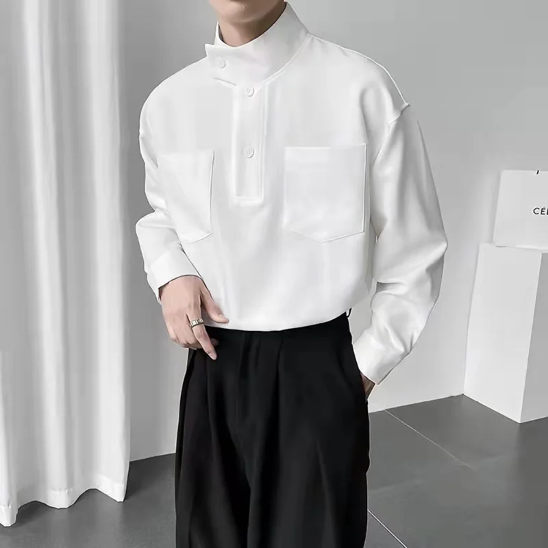 

2023 New Half-high Collar Solid Color Long Sleeve Shirt for Men Design Niche Luxury Korean Clothes Casual Loose Pullover Shirt