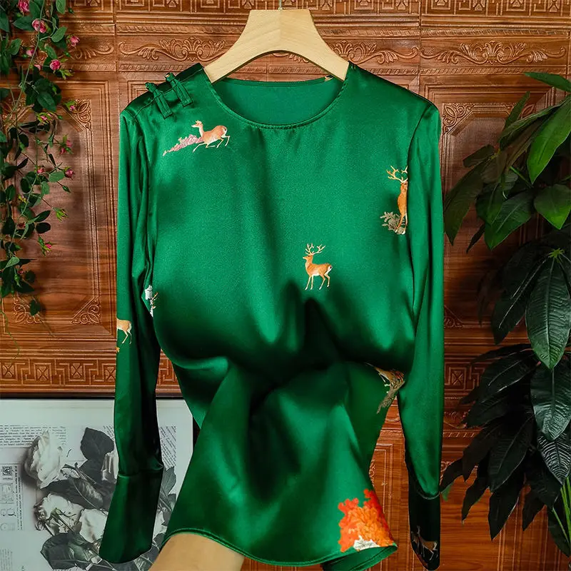 

Print One Shoulder Buckle Imitation Silk Shirt Women 2022 Spring New Top Camisas Mujer