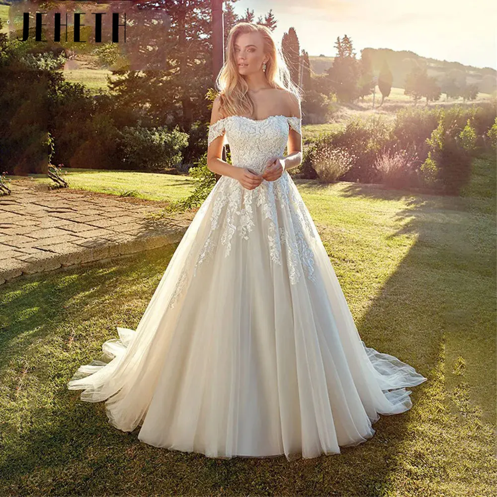 

JEHETH Elegant A-Line Off Shoulder Wedding Dresses For Women Romantic Lace Applique Bride Gowns Button Backless Vestido De Novia