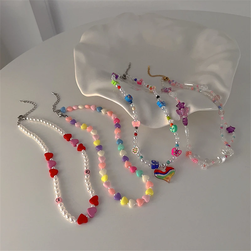 

Korean Fashion Vintage Beaded Crystal Pearl Flower Heart Pendant Chain Necklace For Women Bff Y2K EMO Grunge Jewelry Accessories