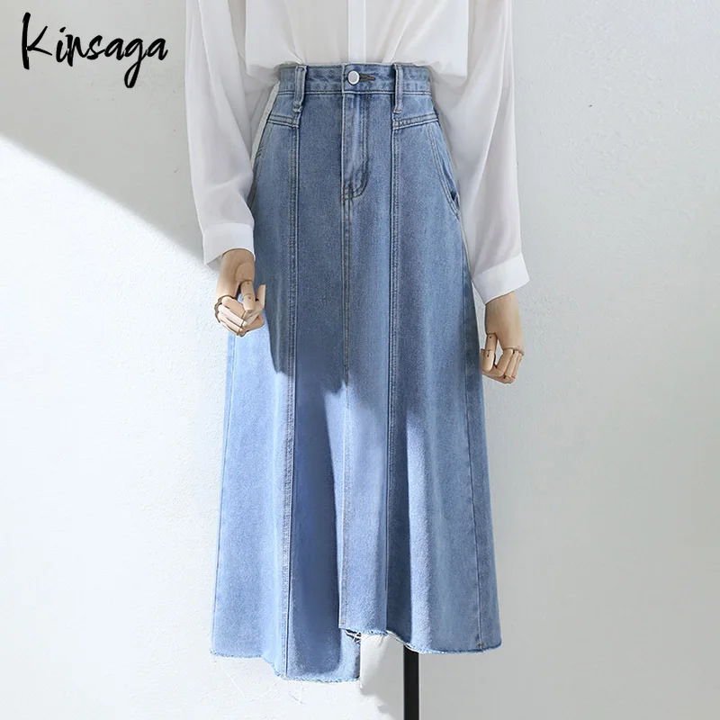 

Vintage Korean Irregular Hem A-line Denim Skirts Women Fashion High Waist Split Blue Fringe Jean Skirt Casual Pocket Baggy Skirt