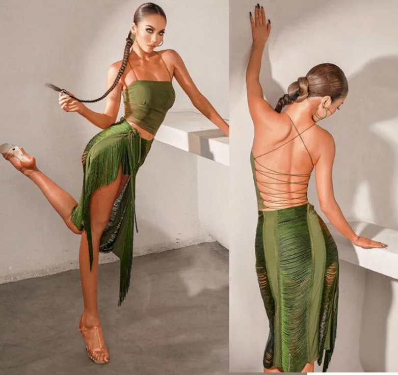 Черно-зеленое платье для сальсы с бахромой и юбкой-топом латиноамериканских