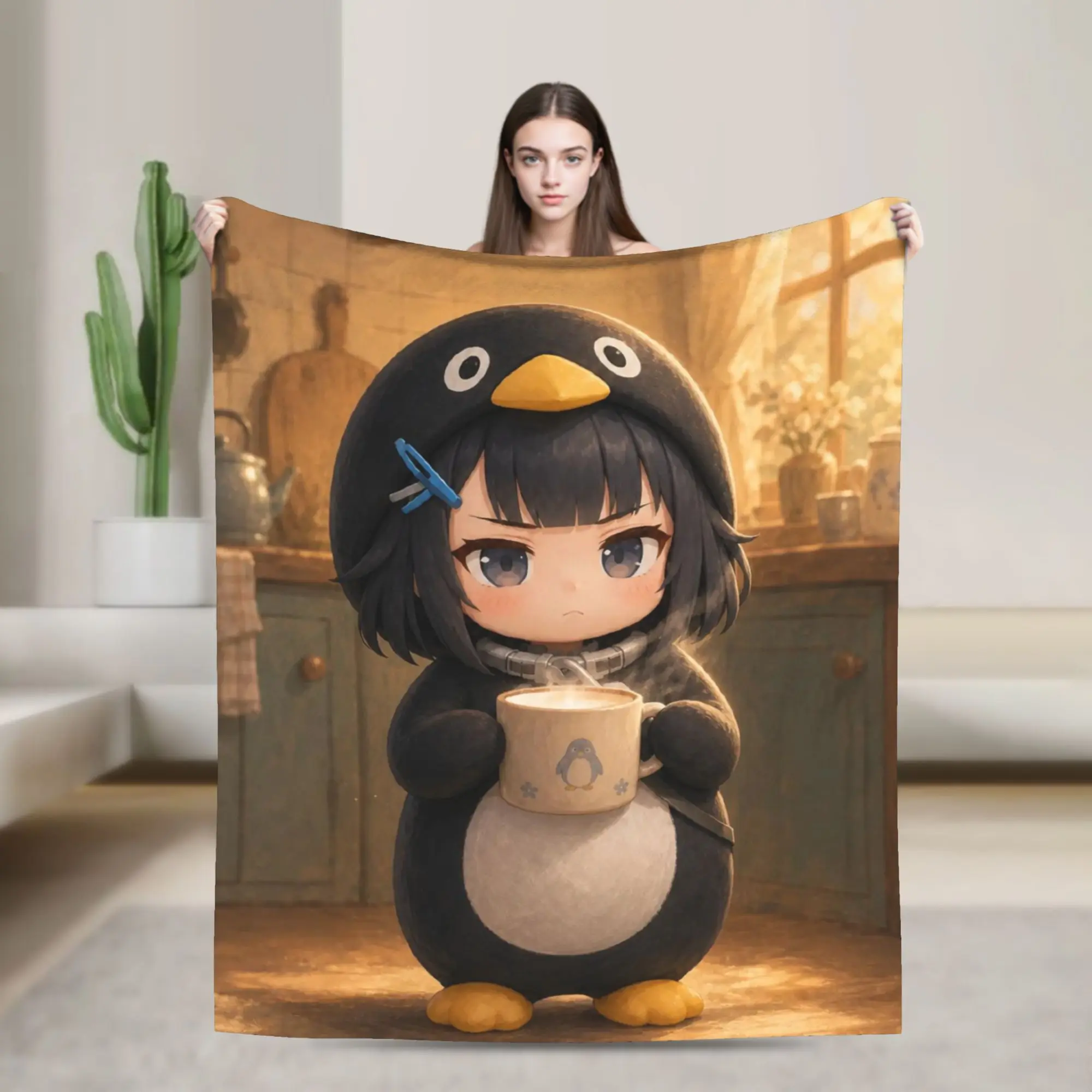Фото Вязаное флисовое одеяло Gugu Gaga Penguin с рисунком пингвинов, теплое, для дома, дивана, кровати №1